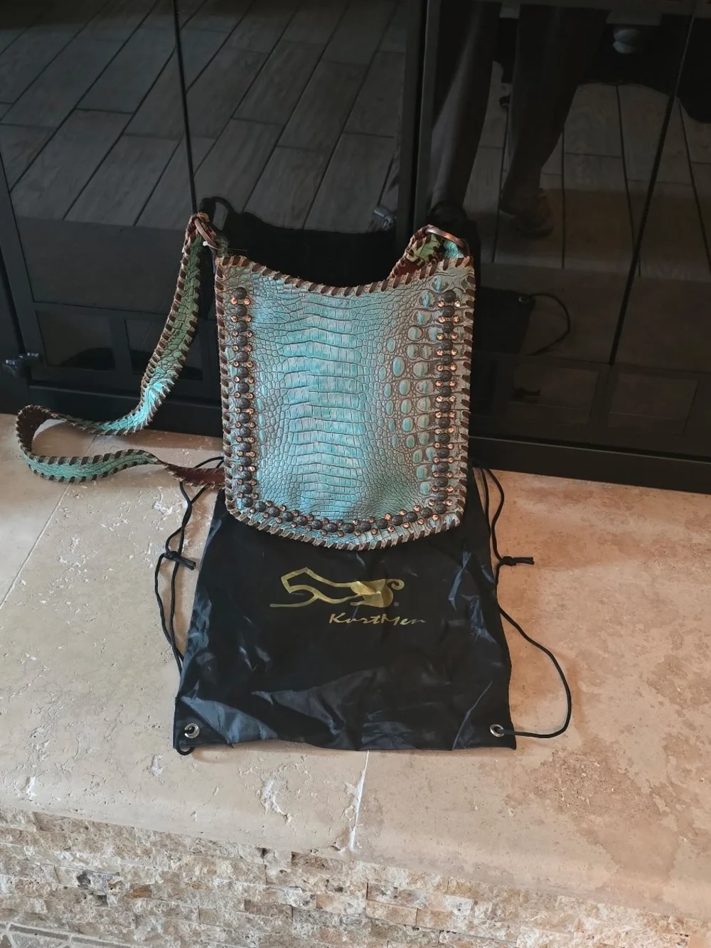 Kurt Geiger Turquoise Croc-Embossed Braided-Trim Crossbody Bag